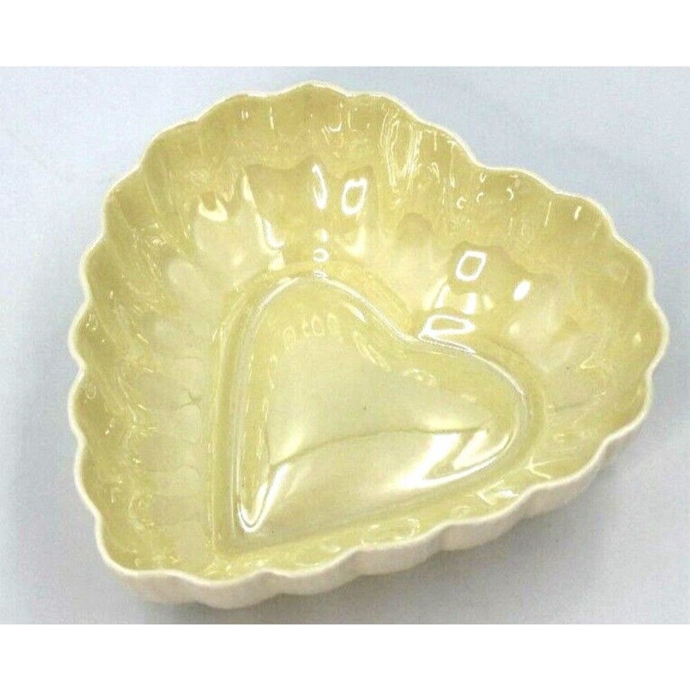 Belleek Pottery Ireland Heart Shaped Bowl Candy Dish 4 1/2" Yellow Inside
